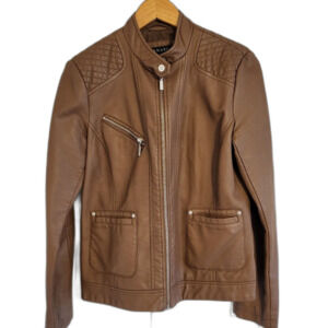 Women's Medium Brown Vegan Faux Leather Moto Biker Jacket Spring Light Coat